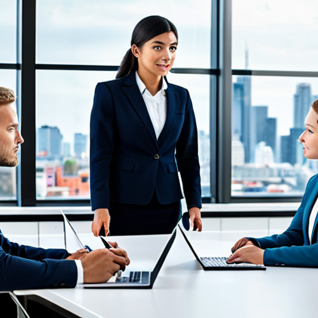 A team of diverse business professionals, fully clothed in modest business attire, professional dress, engaged in a strategic meeting. They are collaborating around a large digital display showcasing competitive analysis data, market trends, and abstract competitor insights. One professional is pointing at the screen, while others actively listen and take notes. The setting is a modern, spacious, and brightly lit corporate boardroom with large windows overlooking a blurred city skyline. Professional photography, high resolution, realistic, perfect anatomy, correct proportions, natural pose, well-formed hands, proper finger count, natural body proportions, safe for work, appropriate content, fully clothed, professional.
