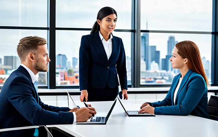 A team of diverse business professionals, fully clothed in modest business attire, professional dress, engaged in a strategic meeting. They are collaborating around a large digital display showcasing competitive analysis data, market trends, and abstract competitor insights. One professional is pointing at the screen, while others actively listen and take notes. The setting is a modern, spacious, and brightly lit corporate boardroom with large windows overlooking a blurred city skyline. Professional photography, high resolution, realistic, perfect anatomy, correct proportions, natural pose, well-formed hands, proper finger count, natural body proportions, safe for work, appropriate content, fully clothed, professional.