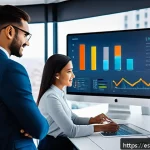 Home 12 경쟁 분석 프레임워크에 필요한 소프트웨어 툴 - A modern digital workspace showing a diverse team of Hispanic professionals collaborating around a l...