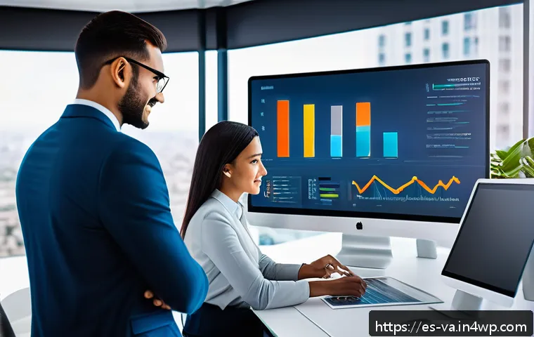 경쟁 분석 프레임워크에 필요한 소프트웨어 툴 - A modern digital workspace showing a diverse team of Hispanic professionals collaborating around a l...