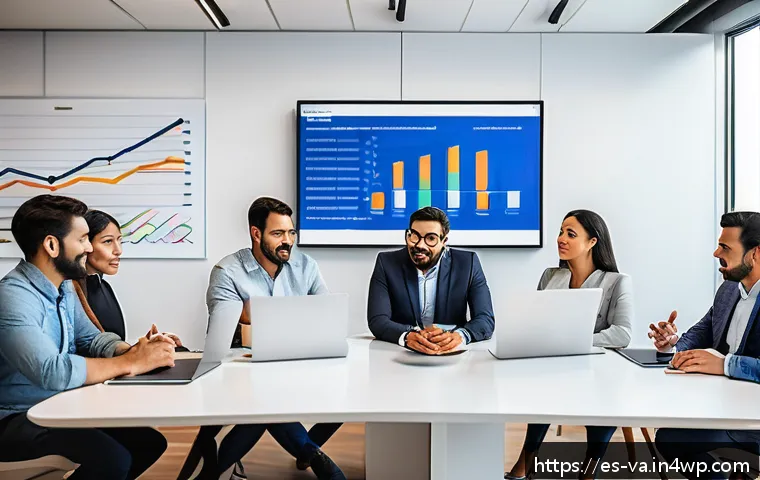 데이터 기반의 경쟁 분석 프레임워크 개발하기 - A detailed digital marketing strategy meeting in a modern office setting, featuring a diverse team o...